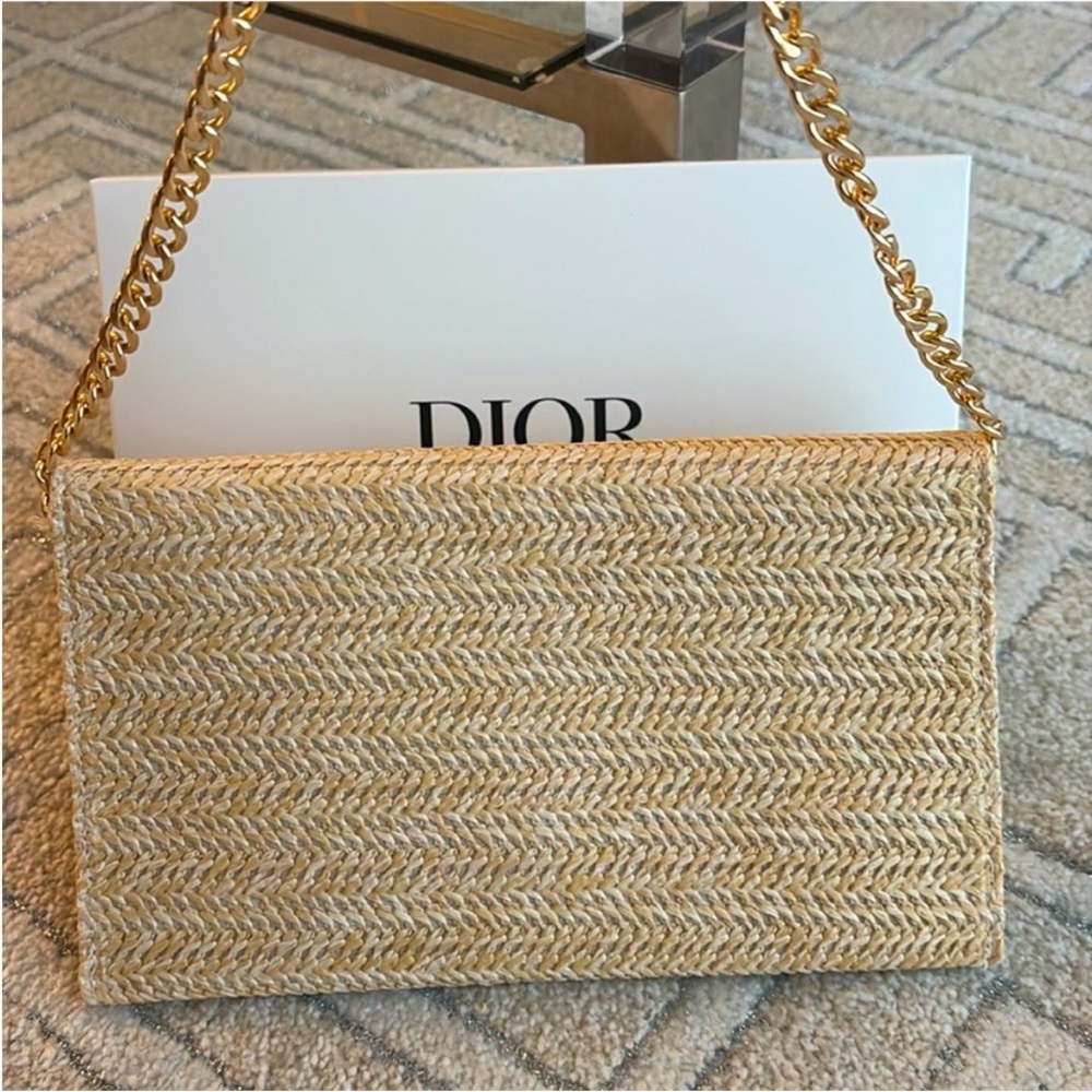 DIOR Beige Woven Chain Bag raffia purse clutch gold chain summer beach cruise - Picture 4 of 8